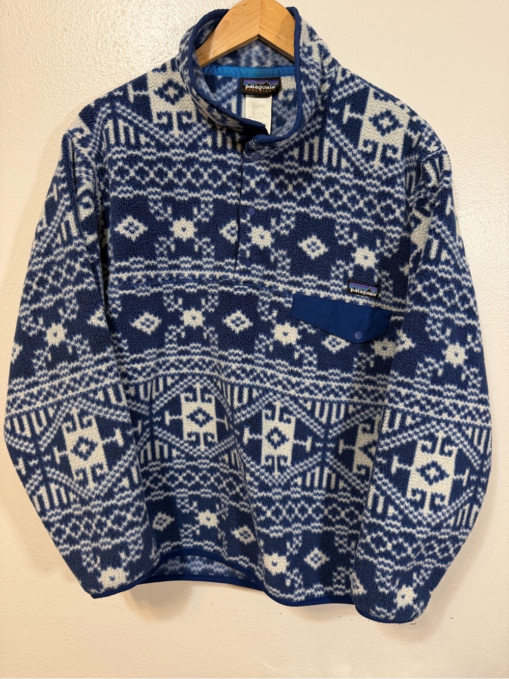 Patagonia Synchilla Snap-T Blue/White Geometric Mock Neck Fleece Men's M Y2K vtg